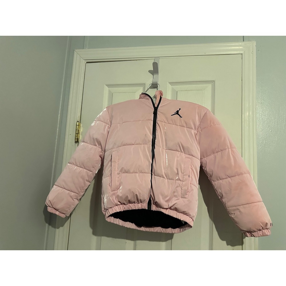 Jordan Girls Pink Puffer Jacket Full Zip Hooded Fleece Lined Jumpman Size S 8-10